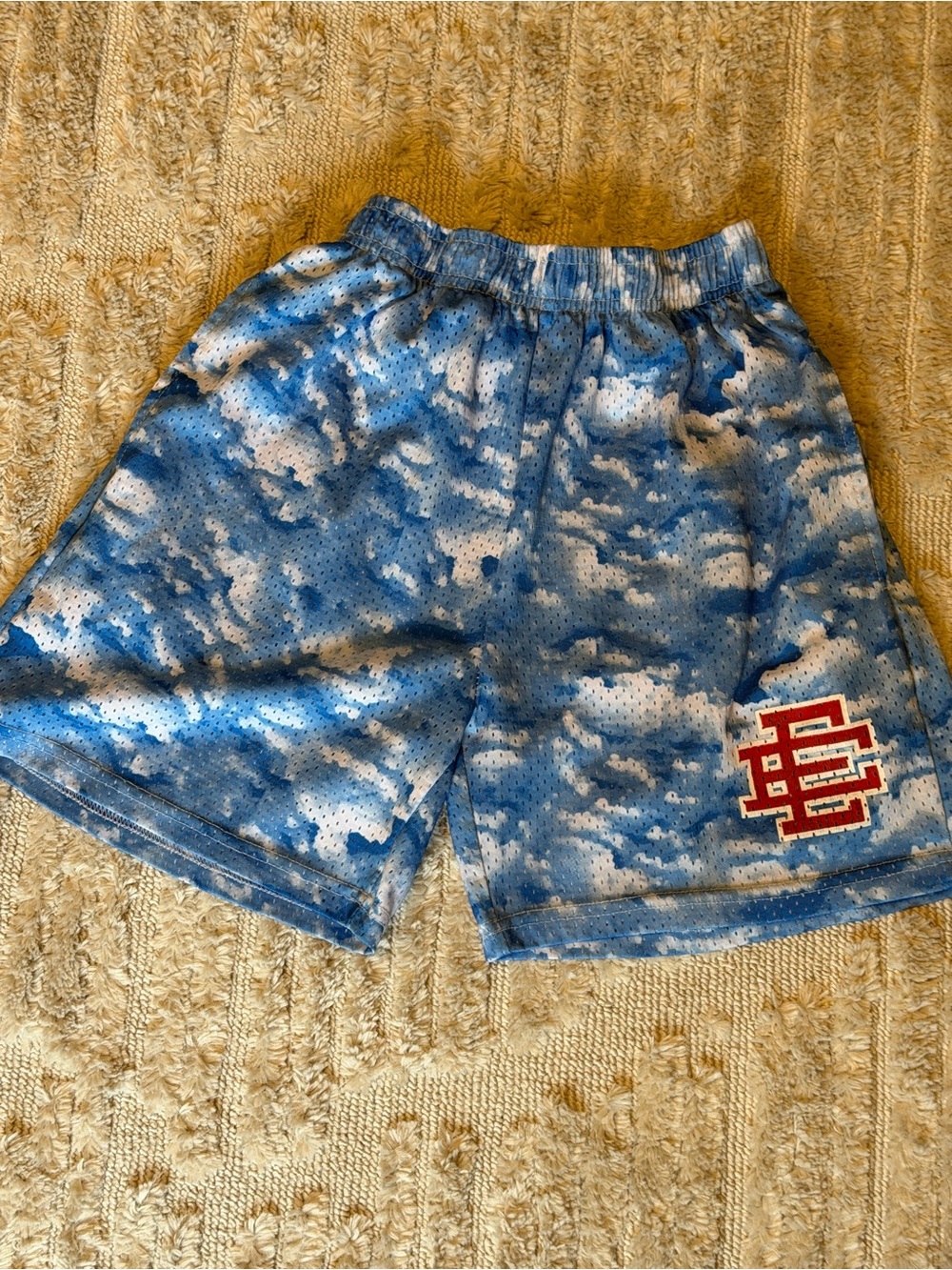 Eric Emanuel Blue Cloud-Print Shorts with Red EE Patch